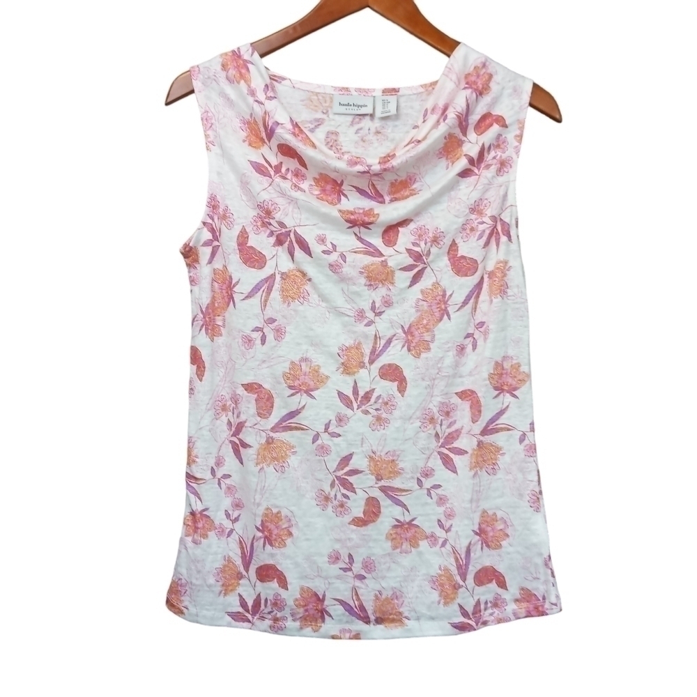 Haute Hippie 100% Linen Floral Sleeveless Draped Neck Top Size Small